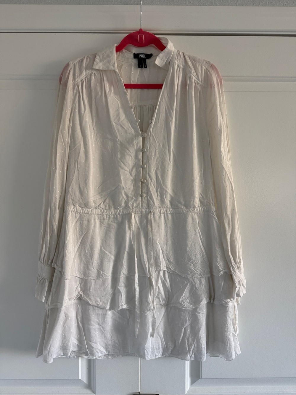 PAIGE White Tiered Button-Front Mini Dress - Small- Cotton Blend